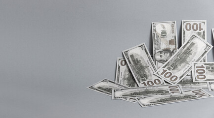 Dollars background, hundred USA dollar banknote bills, many American cash money, selective focus