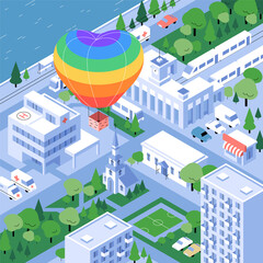 Heart shaped rainbow hot air balloon above the city landscape. Isometric downtown flat illustration. Pride month