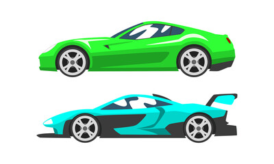 Fototapeta na wymiar Set of Fast Motor Racing Cars, Side View of Sport Cars Flat Vector Illustration