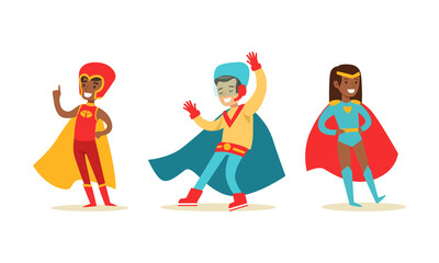 Set of Happy Boys and Girls Dressed Superhero Costumes, Super Kids Characters Cartoon Vector Illustration