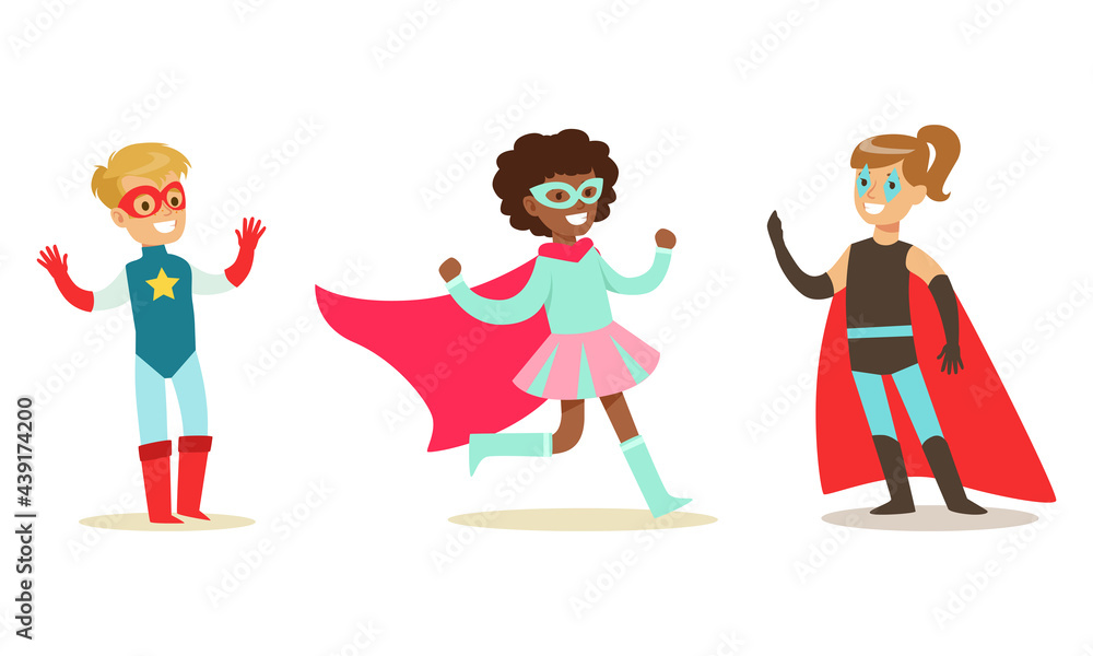 Poster Set of Happy Smiling Boys and Girls in Superhero Costumes, Super Kids Characters Cartoon Vector Illustration