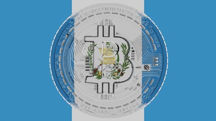 Large transparent Glass Bitcoin in center and on top of the Country Flag of Guatemala