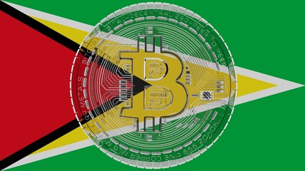 Large transparent Glass Bitcoin in center and on top of the Country Flag of Guyana
