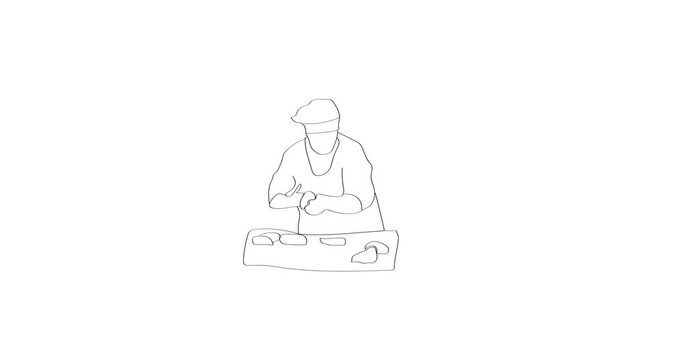 In the video, the baker makes blanks from the dough for future yummy food. It is drawn with a simple line and moves.