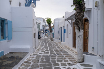 Mykonos, Greece. Traditional buildings and narrow streets, white and blue color