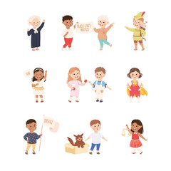 Kind and Fair Little Children Doing Justice and Engaged in Honest Behavior Vector Set