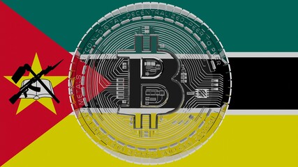 Large transparent Glass Bitcoin in center and on top of the Country Flag of Mozambique