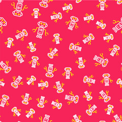 Line Robot toy icon isolated seamless pattern on red background. Vector