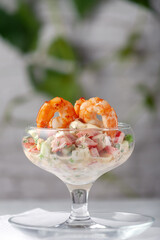 Fresh vegetable salad with shrimps. Diet food