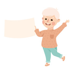Little Boy Standing and Holding Empty Rectangular Plaque Vector Illustration