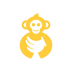 Monkey and Banana Logo Concept. Negative Space, Minimalist, Flat, Modern and Animal Logotype. Yellow and White. Suitable for Logo, Icon, Symbol, Sign, Mascot and Emblem. Such as Fruit or Food Logo