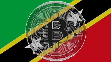 Large transparent Glass Bitcoin in center and on top of the Country Flag of Saint Kitts and Nevis