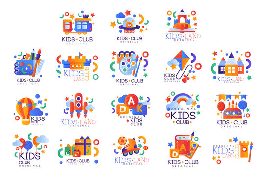 Set of Kids Club Logo Templates Original Design, Kids Land Colorful Labels, Badges Flat Vector Illustration