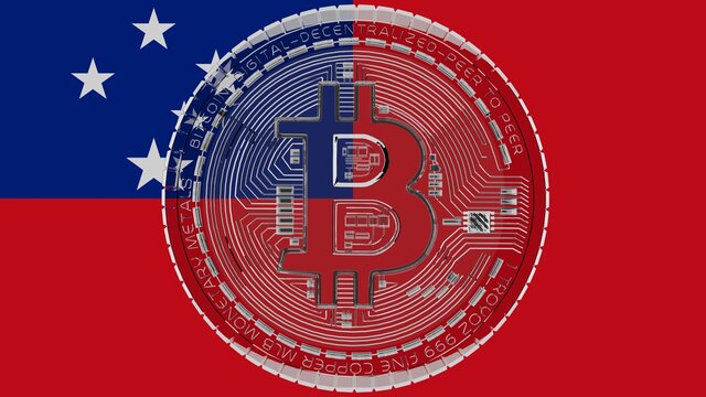 Large transparent Glass Bitcoin in center and on top of the Country Flag of Samoa - Powered by Adobe