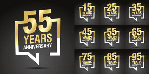 Set of Anniversary vector creative design emblems with speech brackets numbers golden color for celebration event, invitation, greeting, web template, leaflet and booklet