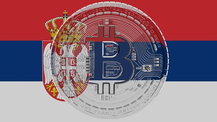 Large transparent Glass Bitcoin in center and on top of the Country Flag of Serbia