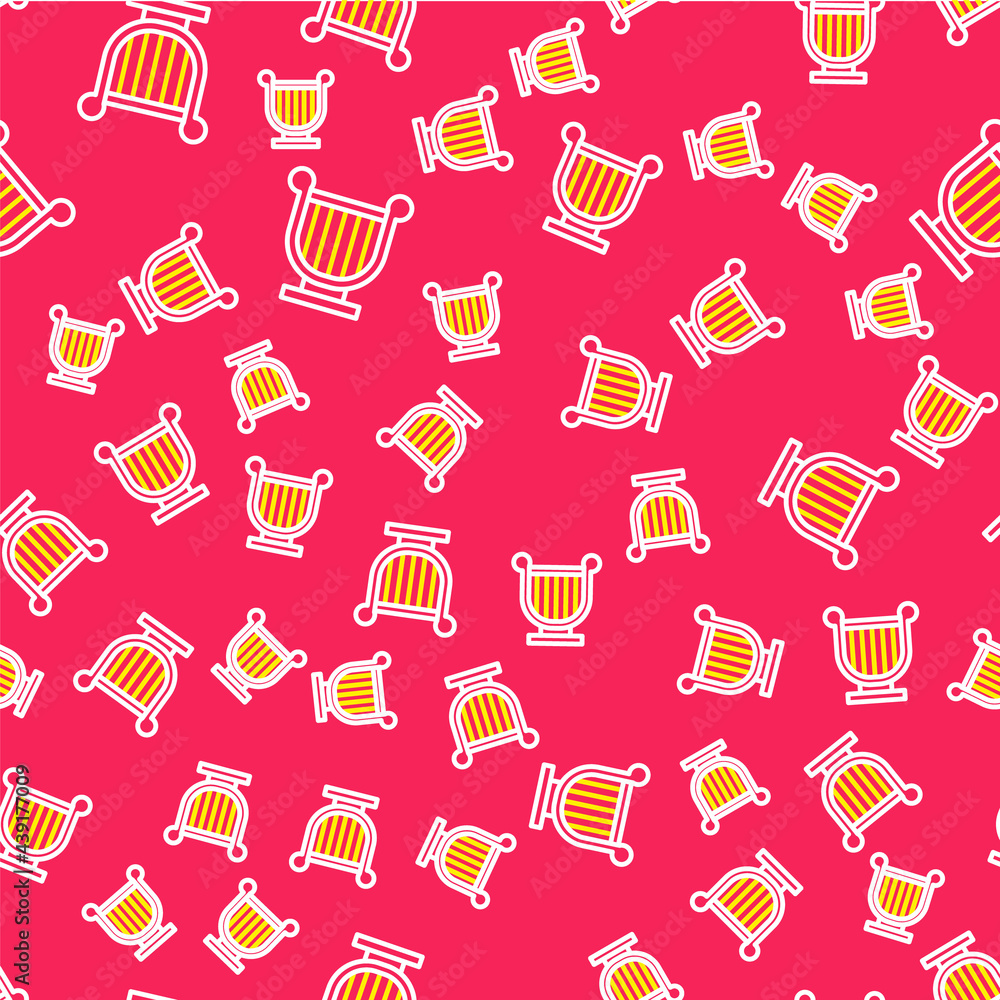 Poster line ancient greek lyre icon isolated seamless pattern on red background. classical music instrument
