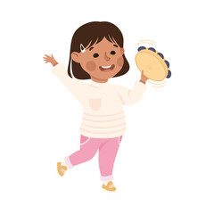 Cute Girl Playing Tambourine, Adorable Kid Leisure Activity Concept Cartoon Vector Illustration