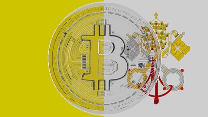 Large transparent Glass Bitcoin in center and on top of the Country Flag of Vatican City