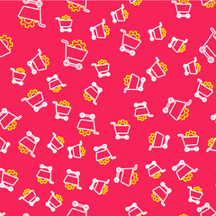 Line Shopping cart icon isolated seamless pattern on red background. Online buying concept. Delivery service. Supermarket basket. Vector
