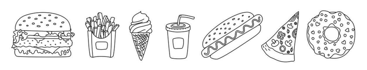 Fast food sketch set. Burger, hamburger, cheeseburger, fries and ice cream. Soda, hot dog, pizza and donut. Cartoon illustration. Unhealthy food. Vector hand drawn icon for restaurant menu