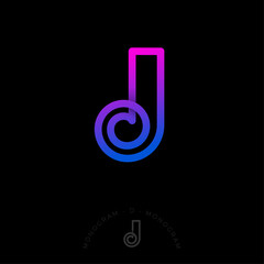 J monogram. Blue-purple gradient J logo with curled, twirled element. Monogram for jewelry salon, beauty industry, cosmetics, luxury goods, online shop.