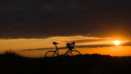  Sunrice landscape. Sunrise Illuminate cross country, Bicycle on the mountaintop