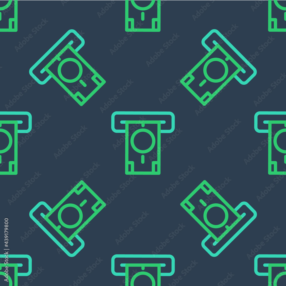Poster line atm - automated teller machine and money icon isolated seamless pattern on blue background. vec