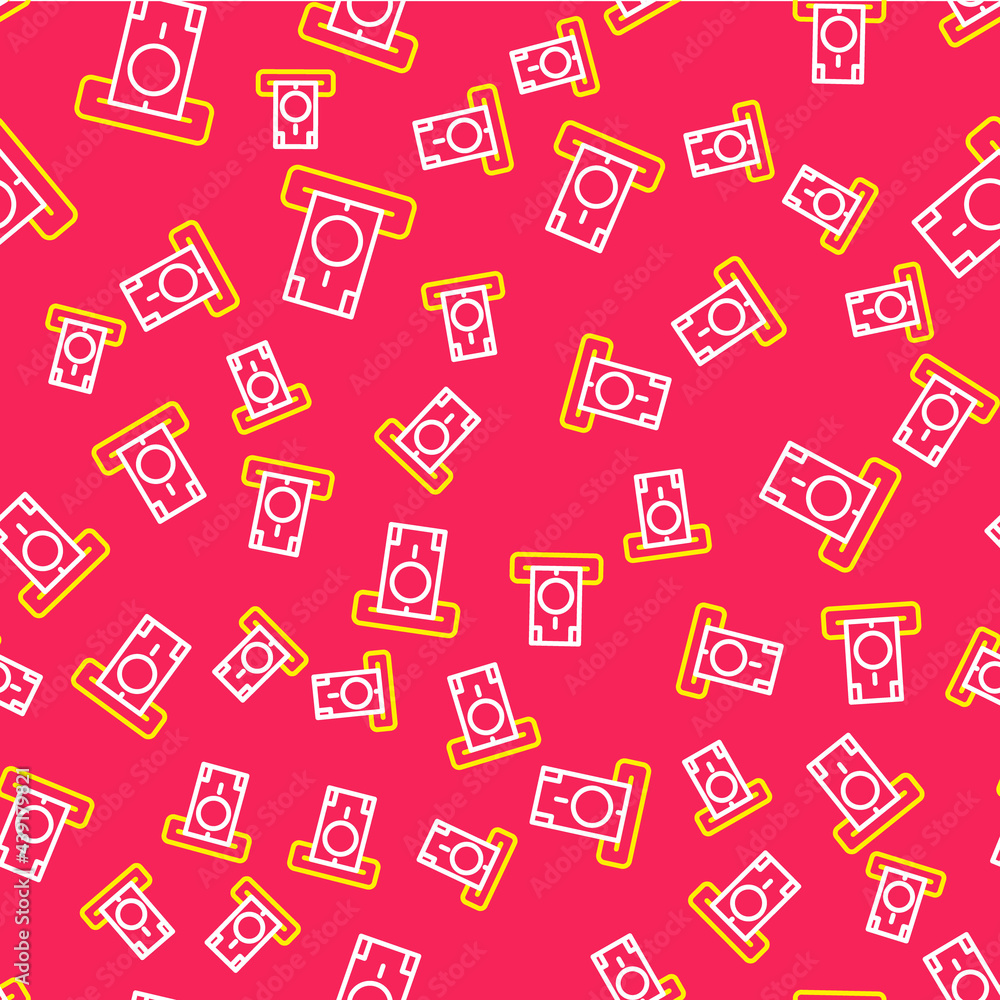 Poster line atm - automated teller machine and money icon isolated seamless pattern on red background. vect