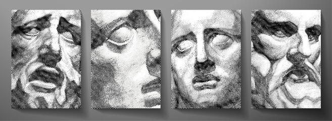 Engraved antique face - poster. Vector line pattern (guilloche) of ancient Greek portrait (closeup man head). Digital graphic for cover, historic artwork, currency, money design, picture