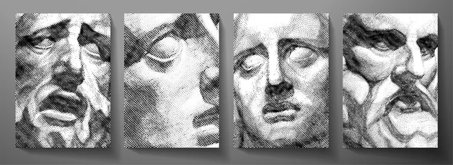 Fotobehang Engraved antique face - poster. Vector line pattern (guilloche) of ancient Greek portrait (closeup man head). Digital graphic for cover, historic artwork, currency, money design, picture © Shiny777