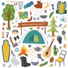 Fototapeta premium Camping equipment elements set isolated on white. Wanderlust collection including tent, sleeping bag, guitar, backpack, animals, boots, kit aid, binoculars, dishware, compass. Vector flat illustration