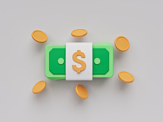 money dollar bills and coins isolated. minimal concept. 3d rendering