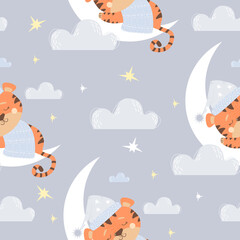 Seamless pattern with cute sleeping tiger. animal in blue nightcap and blanket sleeps on the moon on a light purple background with clouds and stars. Vector illustration. Kids Scandinavian Collection