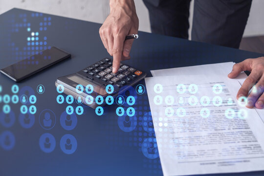 HR specialist researching and analyzing the data of salary on employment market to forecast ongoing expenses of the company using calculator. Hiring new talented officers. Social media hologram icons