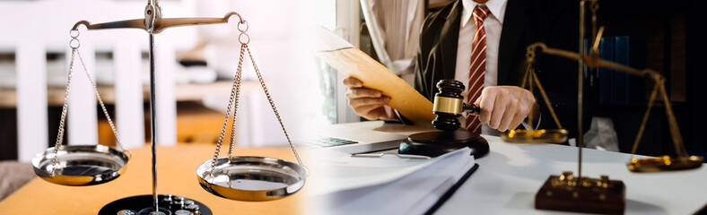 Business and lawyers discussing contract papers with brass scale on desk in office. Law, legal services, advice, justice and law concept picture with film grain effect