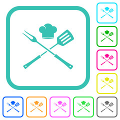 Barbecue fork and spatula with chef hat vivid colored flat icons