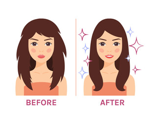 Damaged and Perfect Hair. Isolated Girl with Unruly and Clean Hair. Woman with a Dirty Head. Comparison.Concept of Hair Care and Beauty. Flat Color Cartoon Style.White background. Vector illustration.