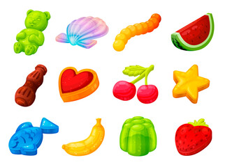 Collection gummy candy vector flat illustration vitamin dessert chewy gelatin snack for kids - obrazy, fototapety, plakaty