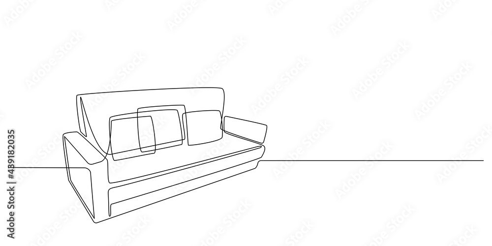 Aufkleber Sofa in one Continuous line drawing. Interior with couch in simple linear style. Editable stroke. Vector illustration
