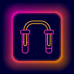 Glowing neon line Test tube and flask - chemical laboratory test icon isolated on black background. Fluid transfer system. Laboratory glassware sign. Colorful outline concept. Vector