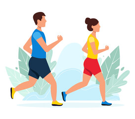 Young couple running in the park. Man and woman. Summertime sport activity. Active and healthy lifestyle. Female and male athletes running marathon. Flat style vector illustration.