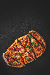 flatbread Pizza with Mozzarella cheese, Tomatoes, pepper, Spices and Fresh Basil. Italian pizza....