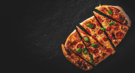 flatbread Pizza with Mozzarella cheese, Tomatoes, pepper, Spices and Fresh Basil. Italian pizza. Pizza Margherita or Margarita  on Dark grey black slate background