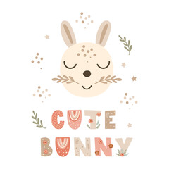 Nursery poster decor with bunny. Vector illustration.