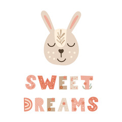 Nursery poster decor with bunny. Vector illustration.