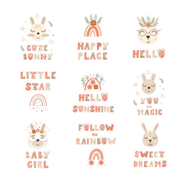 Set of nursery poster prints with lettering quotes and bunnies. Vector illustration.