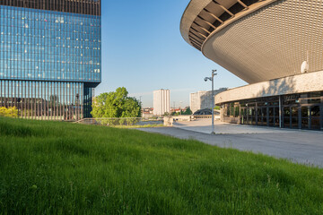 Katowice, Silesia, Poland; June 4, 2021: View on the Spodek Arena and office building KTW; city panorama in background