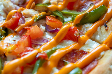 close-up of a juicy, delicious pizza drizzled with orange hot sauce. Traditional Italian dish