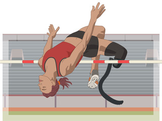 Fototapeta na wymiar para sports paralympic high jump, physical disabled female athlete on prosthetic leg, track and field, with stadium in background